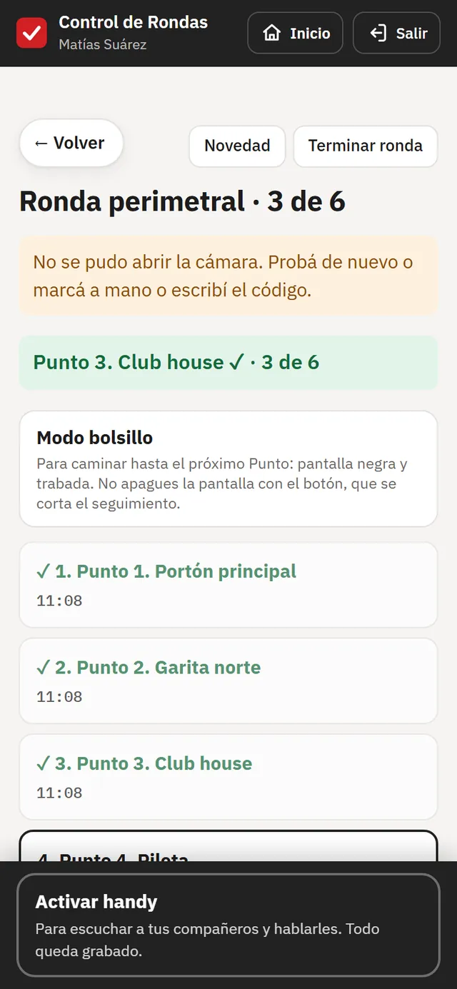 Supervisa: una ronda en curso con sus puntos de control